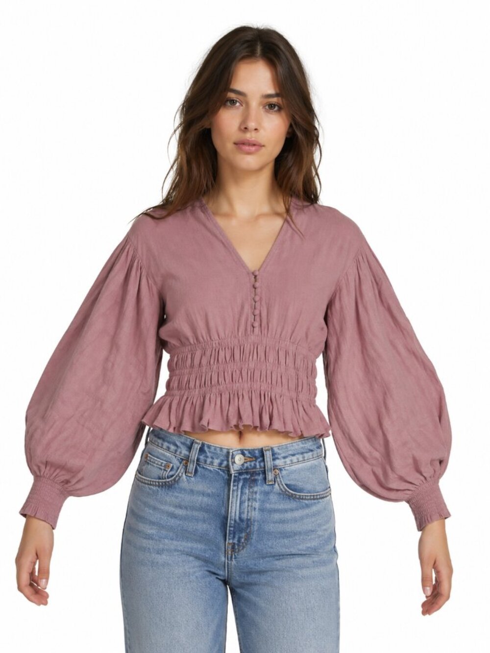 Fate Mauve Smocked Elastic Waist V Neck Button Detail Balloon Sleeve Peplum Sz S